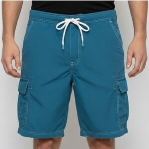 NEW St Johns Bay Men Lg Teal Blue Cargo Swim Trunks Shorts Elastic Waist Beach